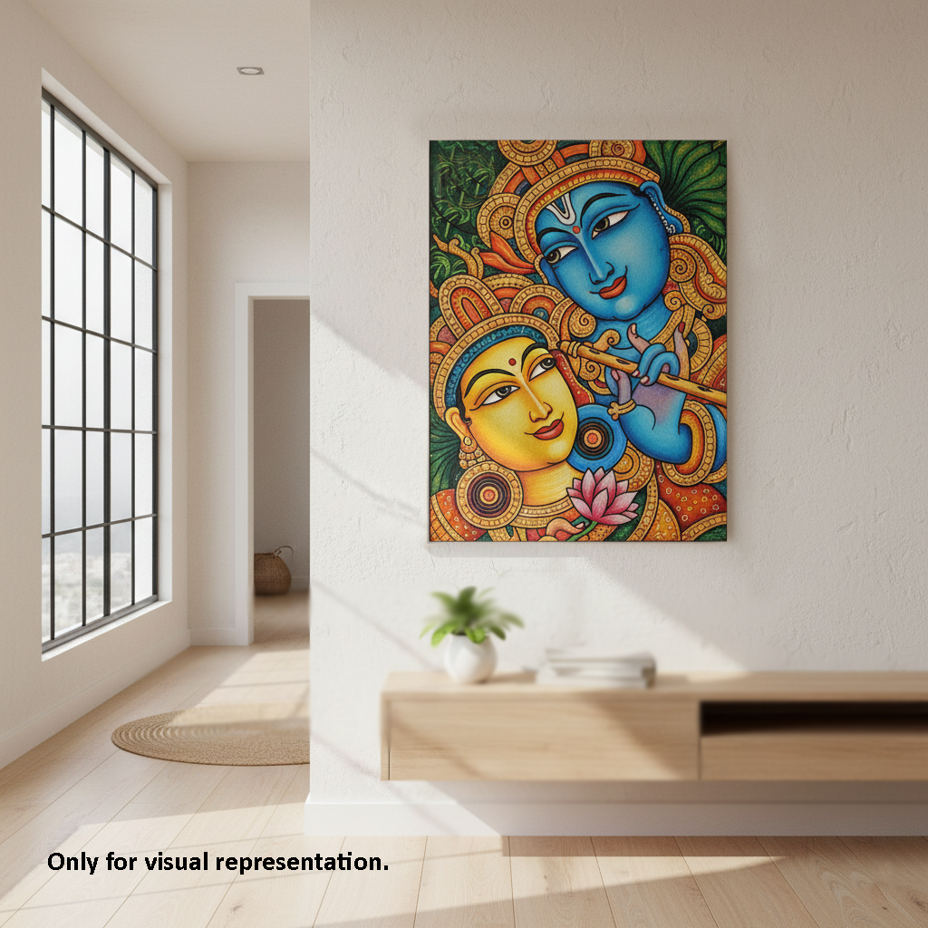 Colorful painting of two faces on a wall in a modern room with a window and wooden shelf.