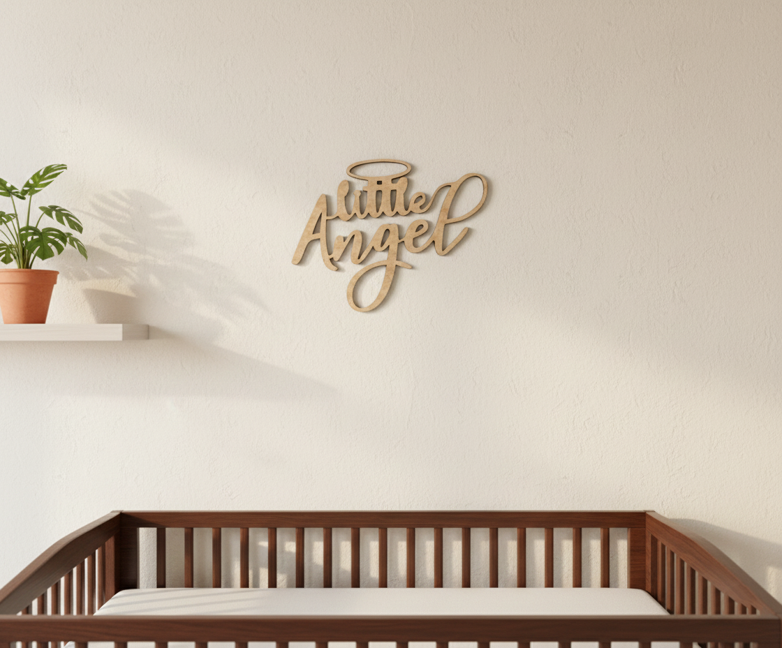 Unpainted MDF Little Angel quote DIY cutout for wall decor and craft projects, mounted on wall