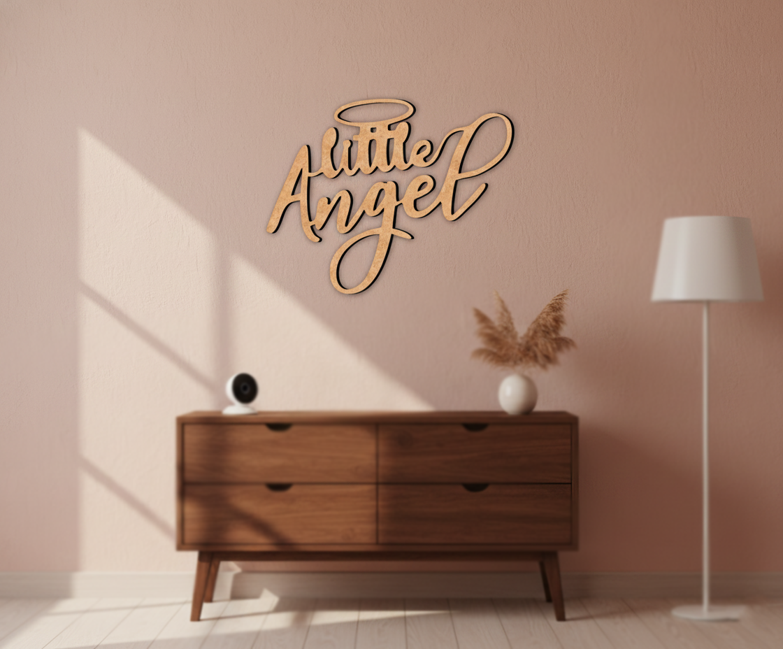 Unpainted MDF Little Angel quote DIY cutout for wall decor and craft projects, mounted on wall