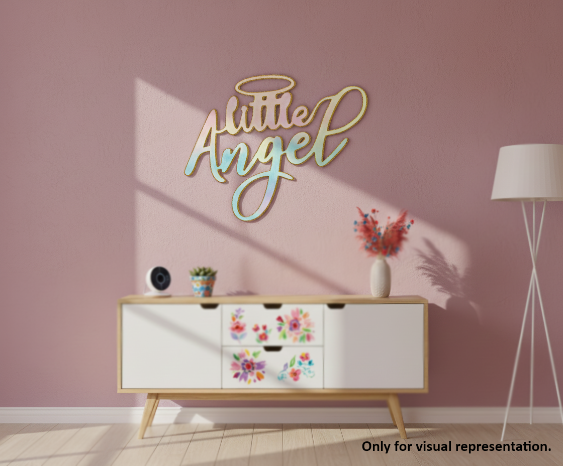 Painted MDF Little Angel quote DIY cutout for wall decor and craft projects, mounted on wall