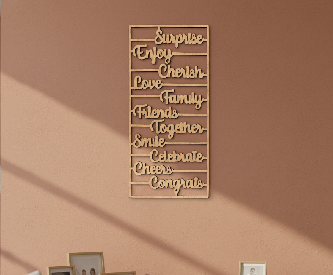 Unpainted MDF inspirational words wall panel DIY cutout for decor and crafts, mounted on wall