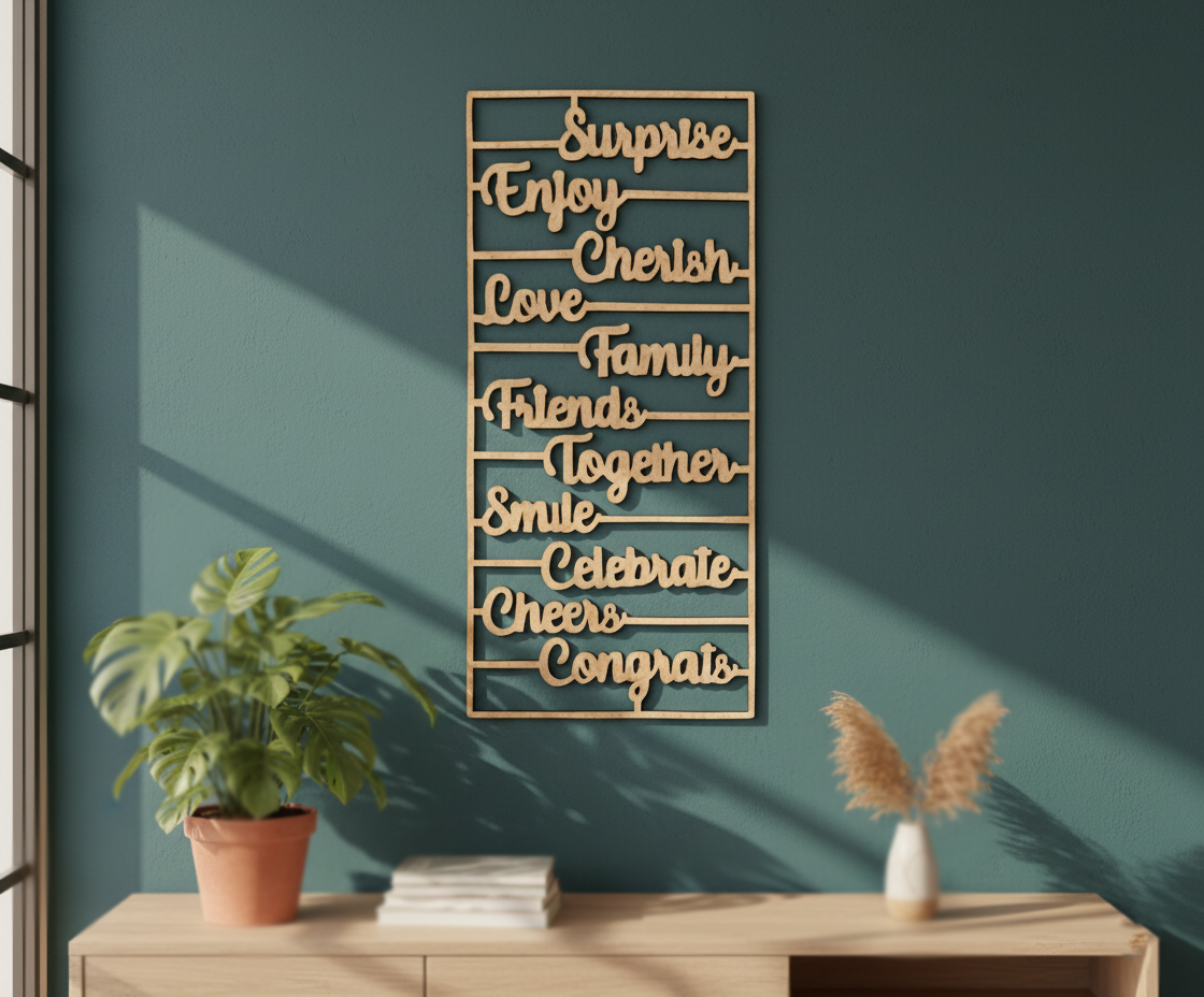 Unpainted MDF inspirational words wall panel DIY cutout for decor and crafts, mounted on wall
