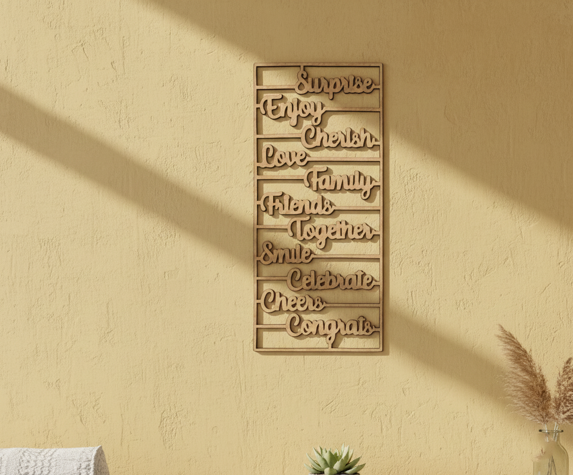 Unpainted MDF inspirational words wall panel DIY cutout for decor and crafts, mounted on wall