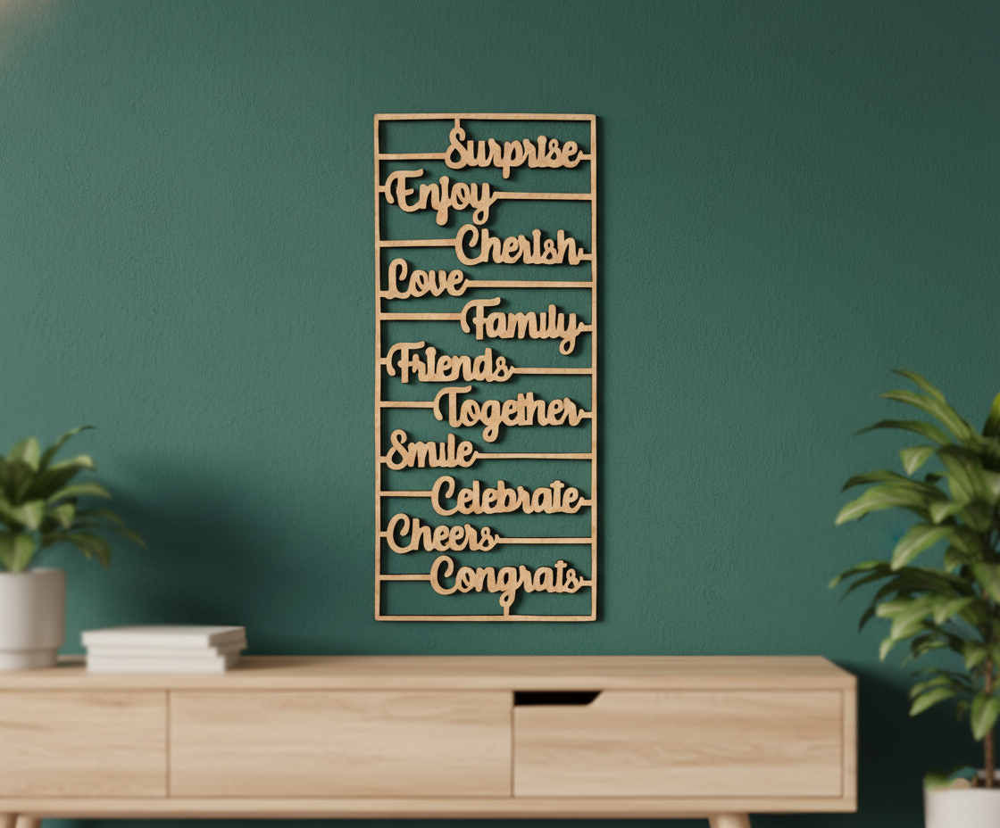 Unpainted MDF inspirational words wall panel DIY cutout for decor and crafts, mounted on wall