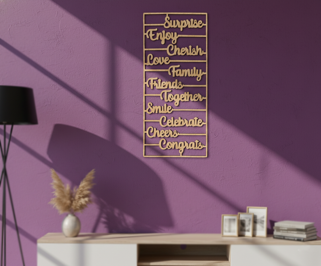 Unpainted MDF inspirational words wall panel DIY cutout for decor and crafts, mounted on wall