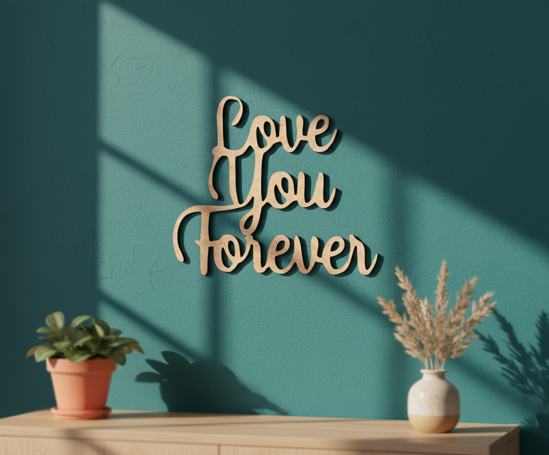 Unpainted MDF Love You Forever quote DIY cutout for wall decor and crafts, mounted on wall