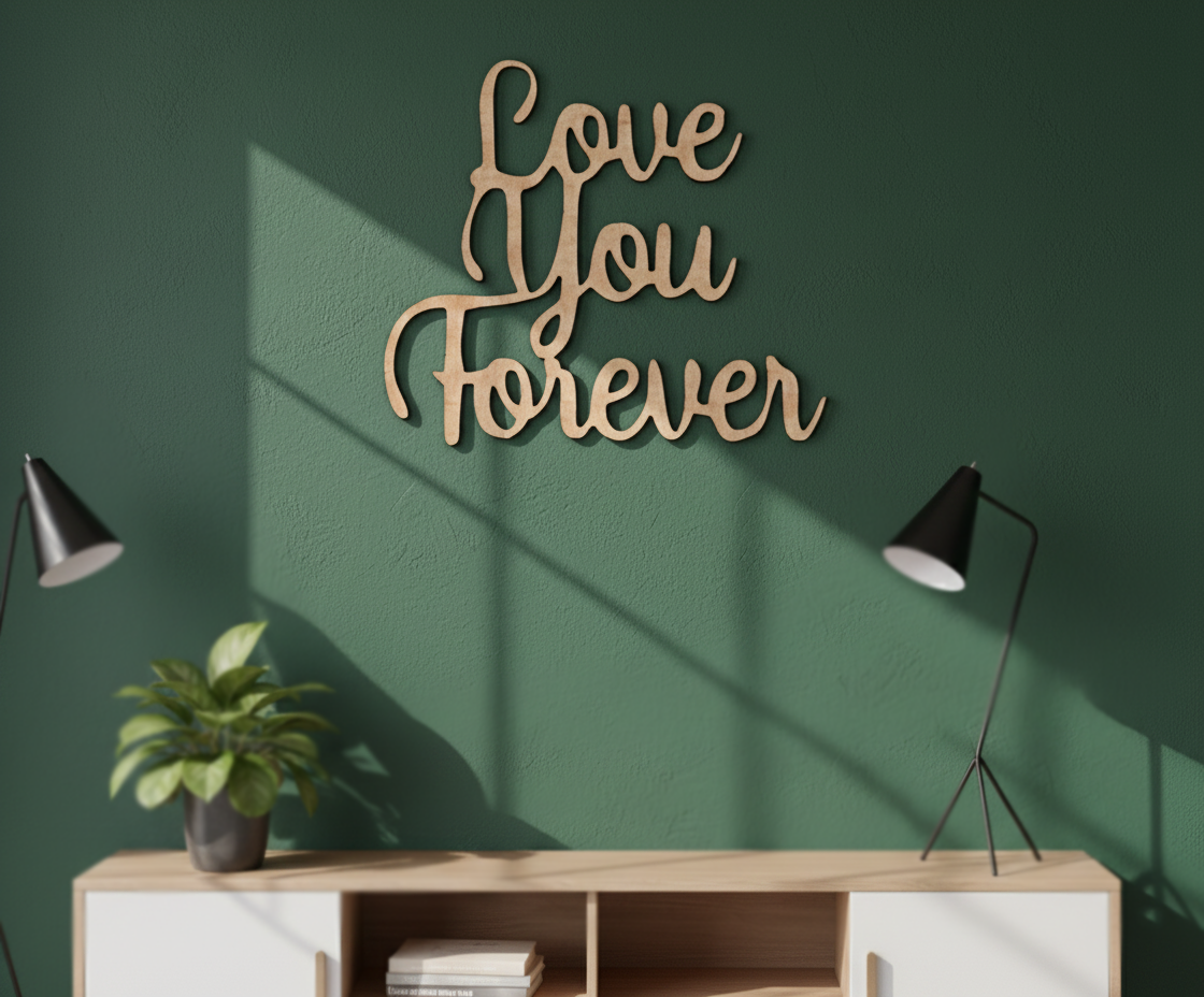 Unpainted MDF Love You Forever quote DIY cutout for wall decor and crafts, mounted on wall