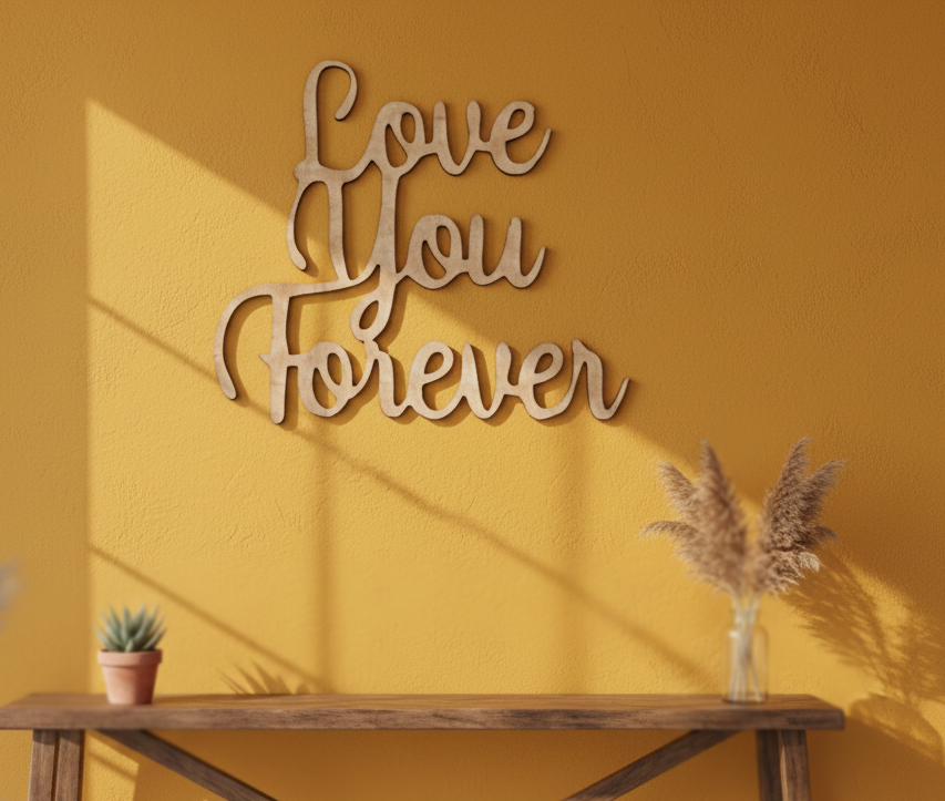 Unpainted MDF Love You Forever quote DIY cutout for wall decor and crafts, mounted on wall
