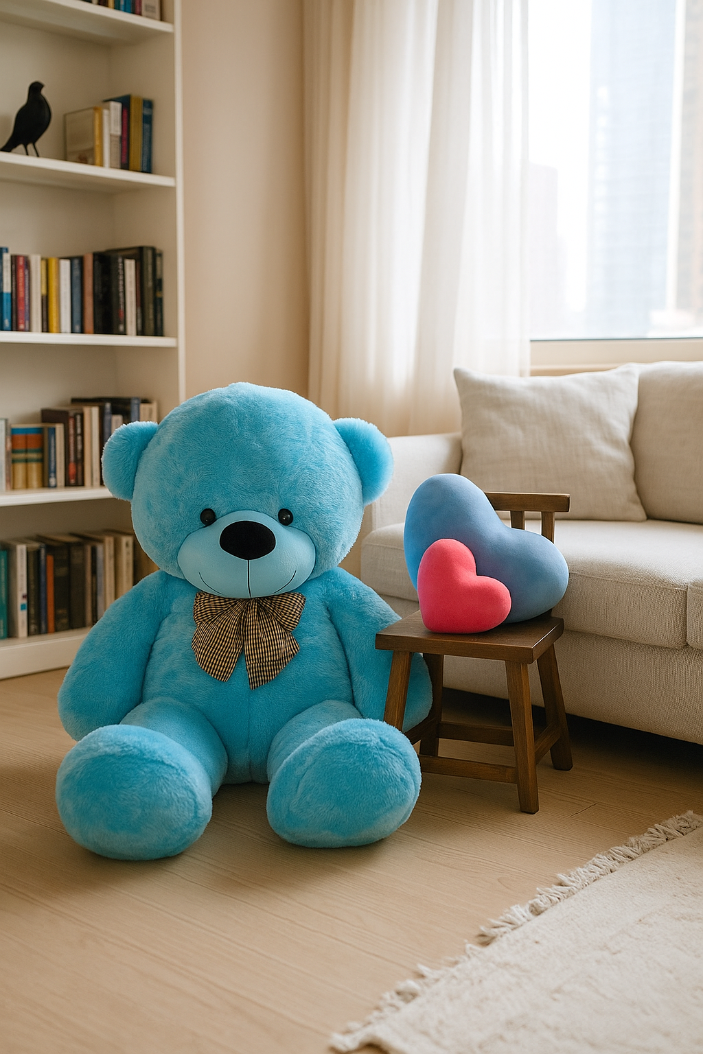 Large blue teddy bear with a checkered bow sitting on the floor beside a small wooden chair holding a heart-shaped blue and pink cushion in a cozy living room with bookshelf and sofa