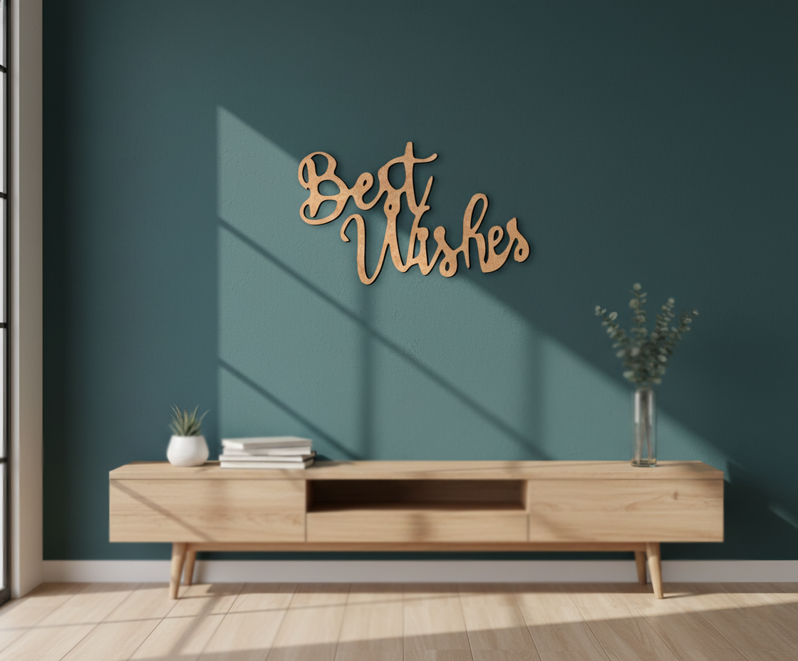 Unpainted MDF Best Wishes quote DIY cutout for wall decor and craft projects, mounted on wall