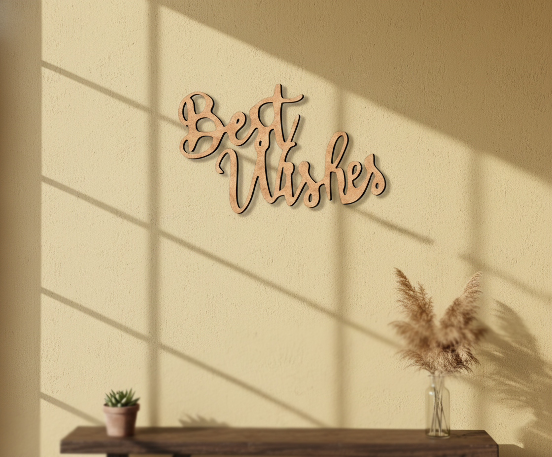 Unpainted MDF Best Wishes quote DIY cutout for wall decor and craft projects, mounted on wall