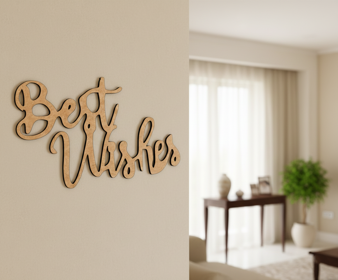 Unpainted MDF Best Wishes quote DIY cutout for wall decor and craft projects, mounted on wall