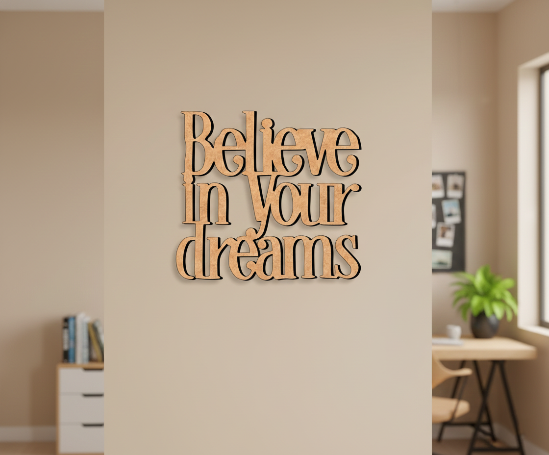Unpainted MDF Believe In Your Dreams quote DIY cutout for wall decor and crafts, mounted on wall