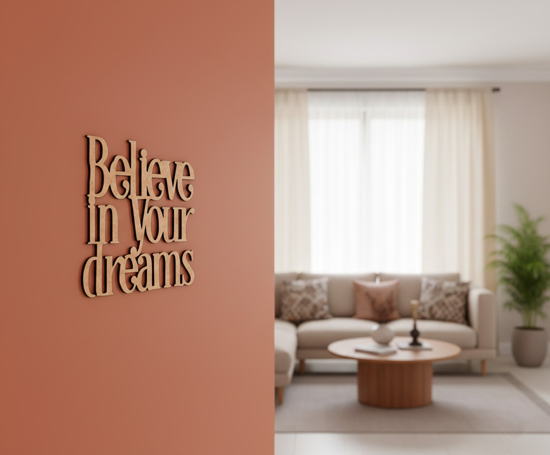 Unpainted MDF Believe In Your Dreams quote DIY cutout for wall decor and crafts, mounted on wall