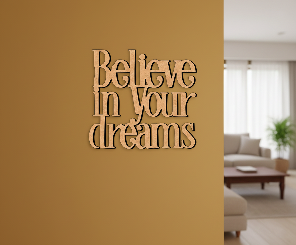 Unpainted MDF Believe In Your Dreams quote DIY cutout for wall decor and crafts, mounted on wall