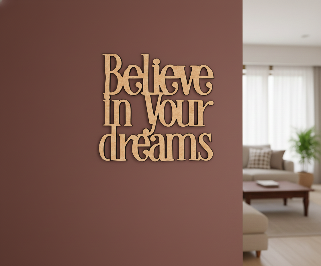 Unpainted MDF Believe In Your Dreams quote DIY cutout for wall decor and crafts, mounted on wall