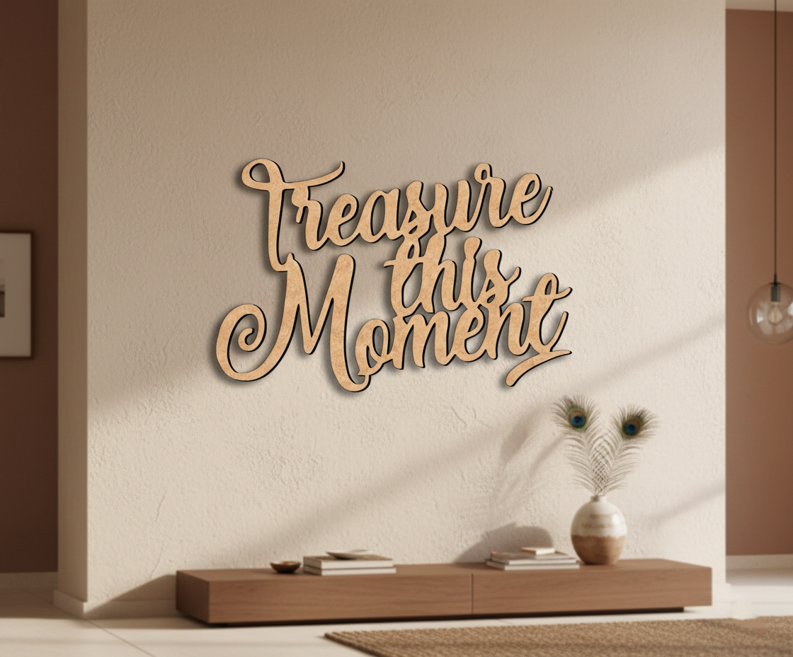 Unpainted MDF Treasure This Moment quote DIY cutout for wall decor and craft projects, mounted on wall