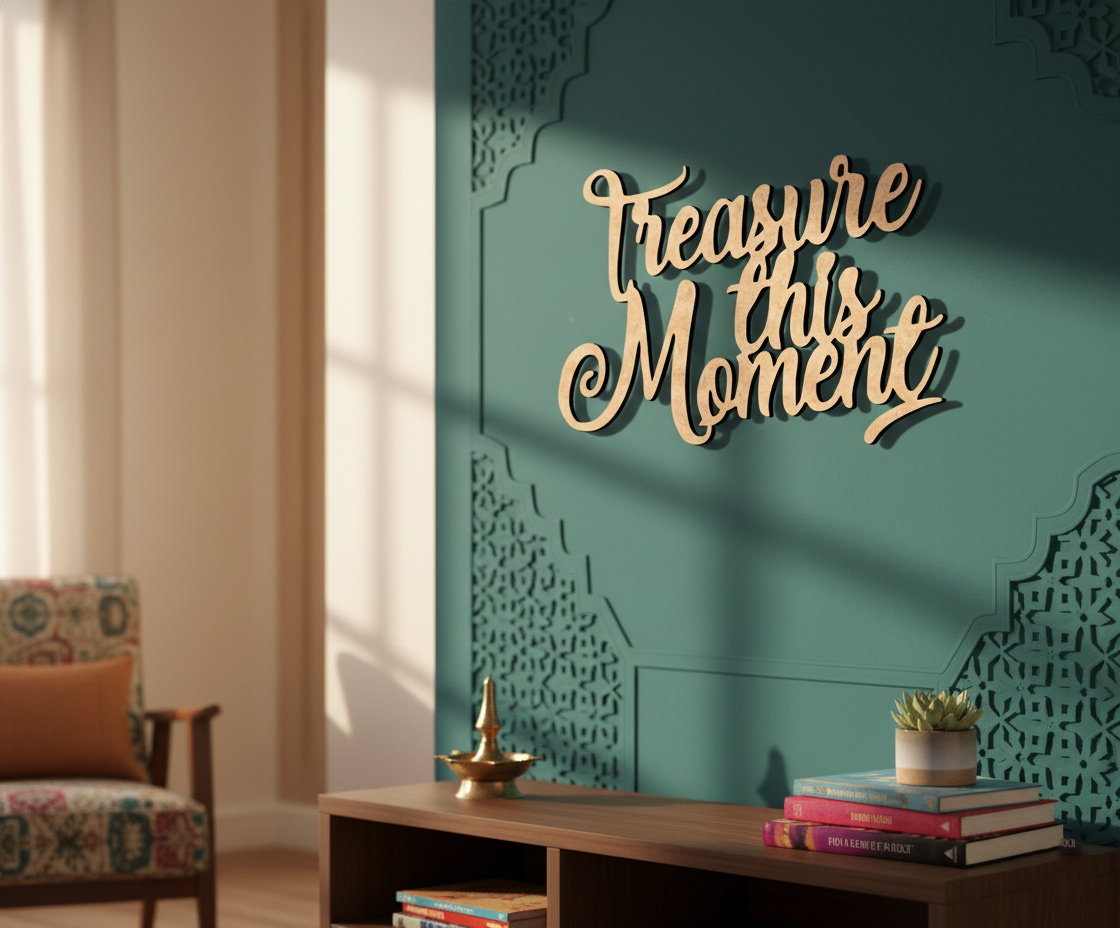 Unpainted MDF Treasure This Moment quote DIY cutout for wall decor and craft projects, mounted on wall