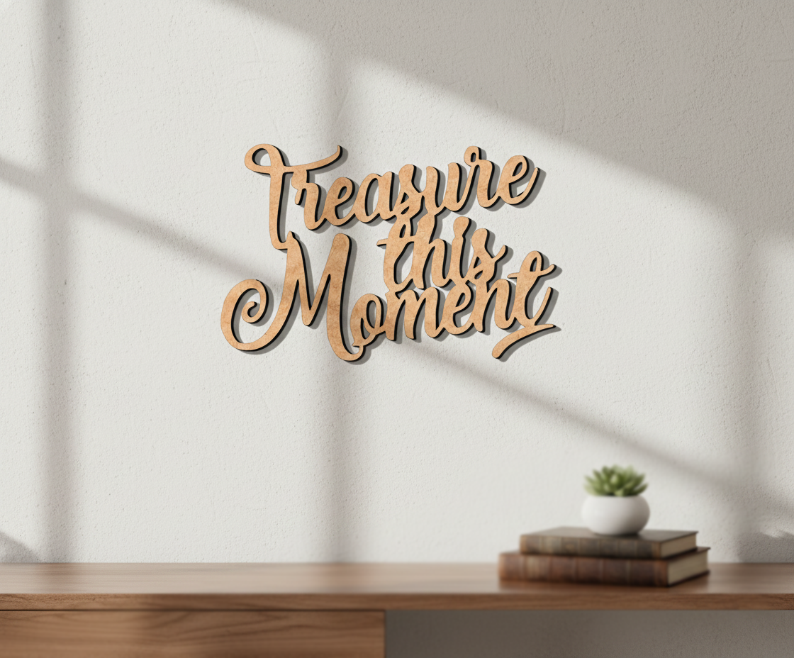 Unpainted MDF Treasure This Moment quote DIY cutout for wall decor and craft projects, mounted on wall