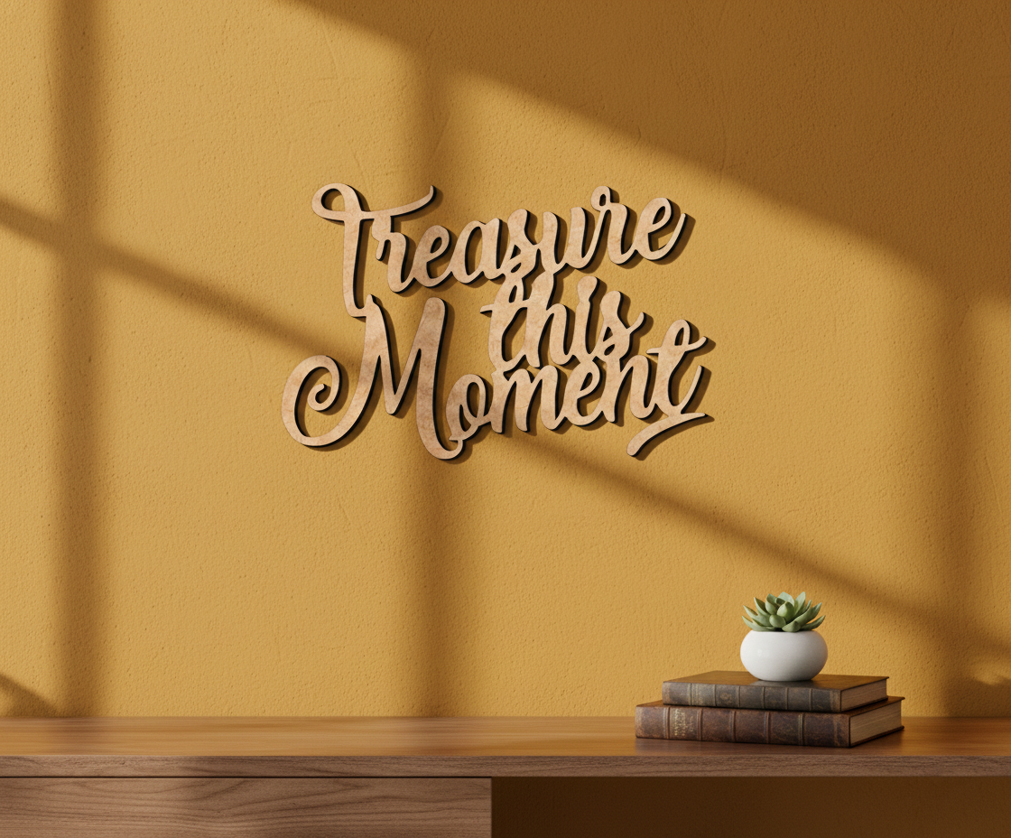 Unpainted MDF Treasure This Moment quote DIY cutout for wall decor and craft projects, mounted on wall