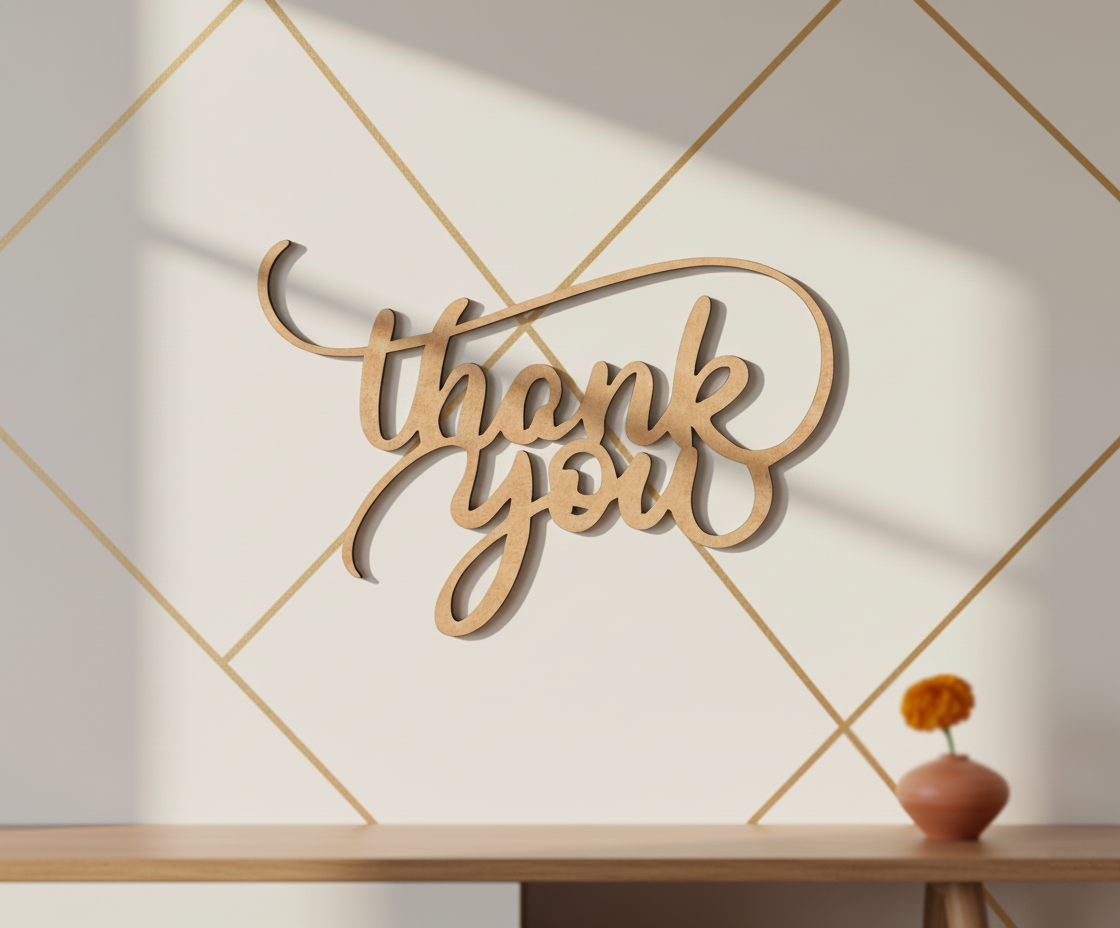 Unpainted MDF Thank You quote DIY cutout for wall decor and craft projects, mounted on wall