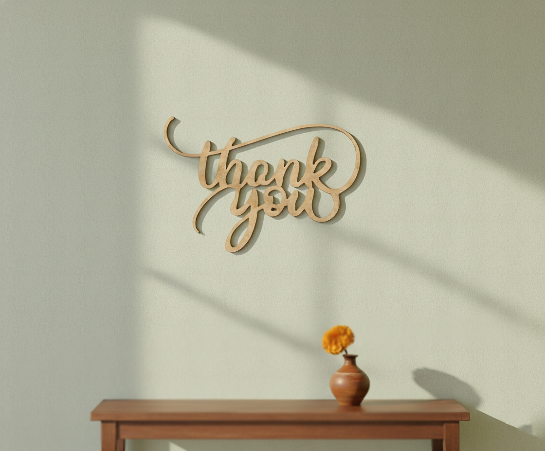 Unpainted MDF Thank You quote DIY cutout for wall decor and craft projects, mounted on wall