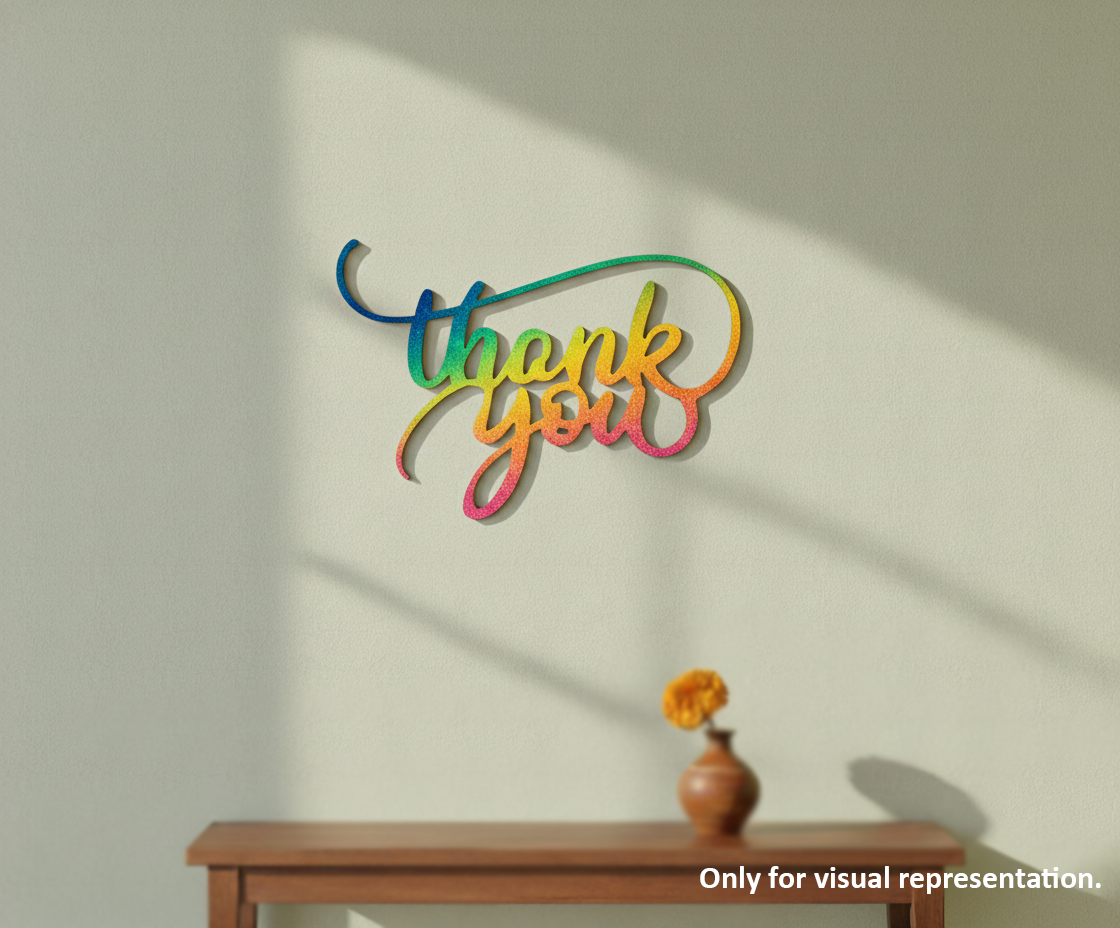 Painted MDF Thank You quote DIY cutout for wall decor and craft projects, mounted on wall
