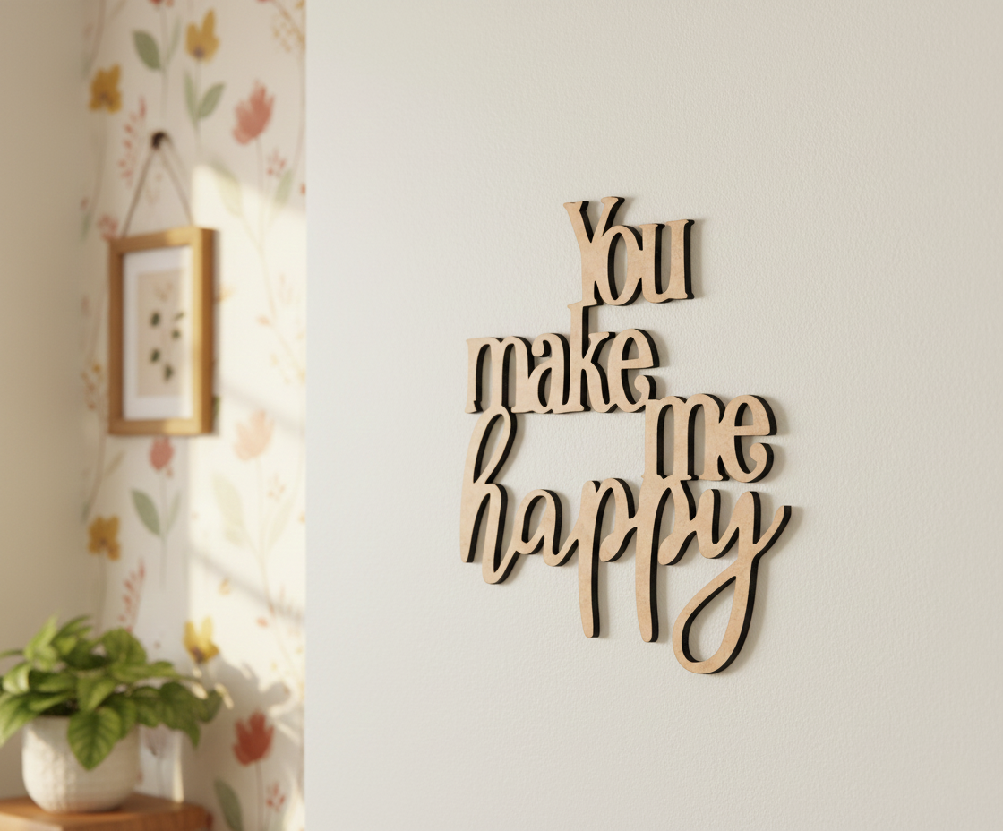 Unpainted MDF You Make Me Happy quote DIY cutout for wall decor and craft projects, mounted on wall