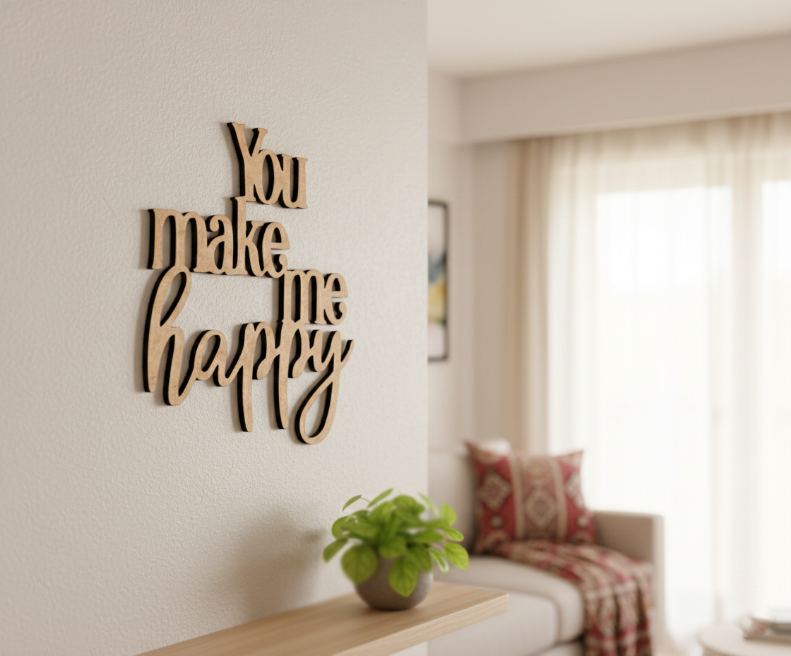 Unpainted MDF You Make Me Happy quote DIY cutout for wall decor and craft projects, mounted on wall