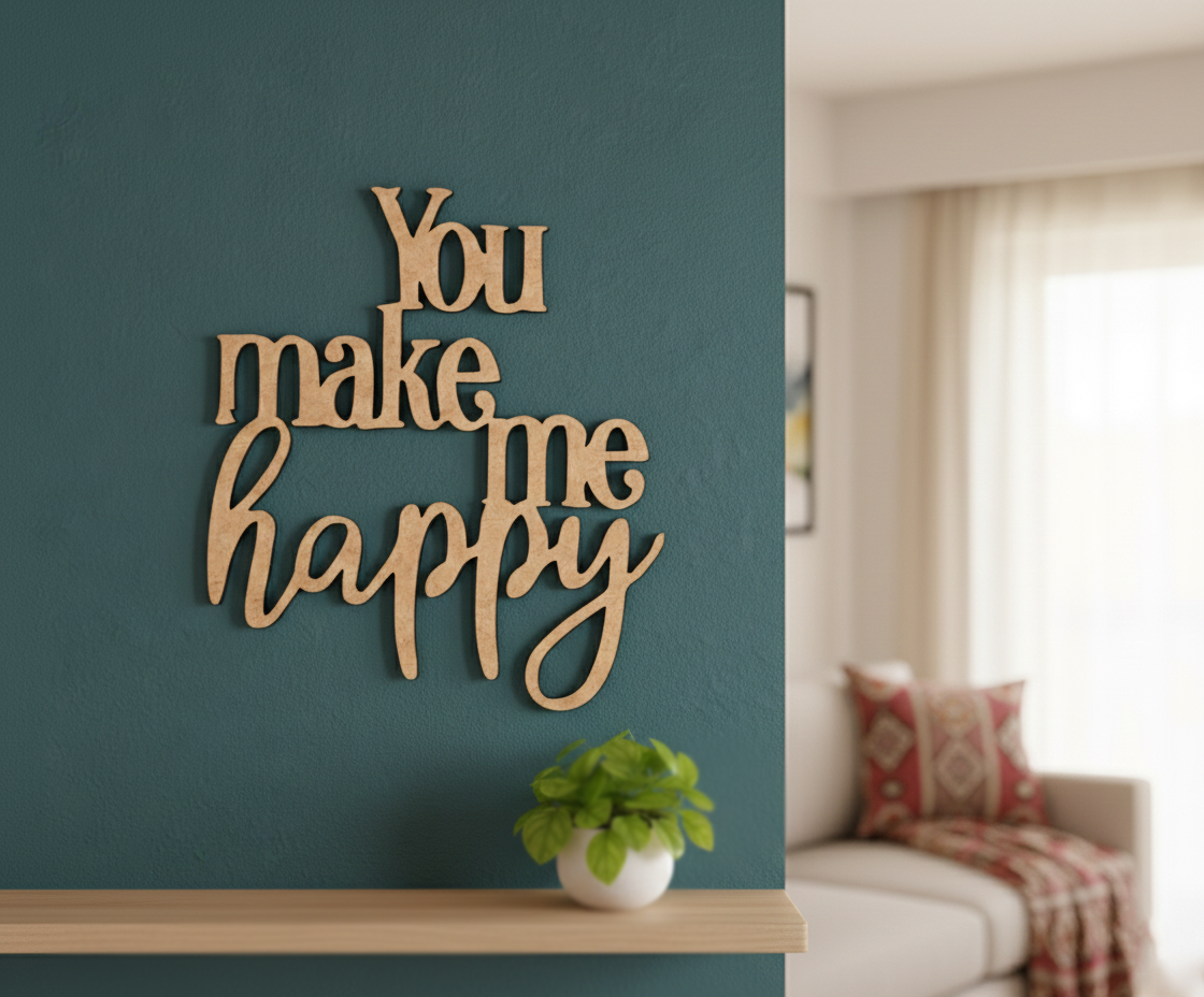 Unpainted MDF You Make Me Happy quote DIY cutout for wall decor and craft projects, mounted on wall