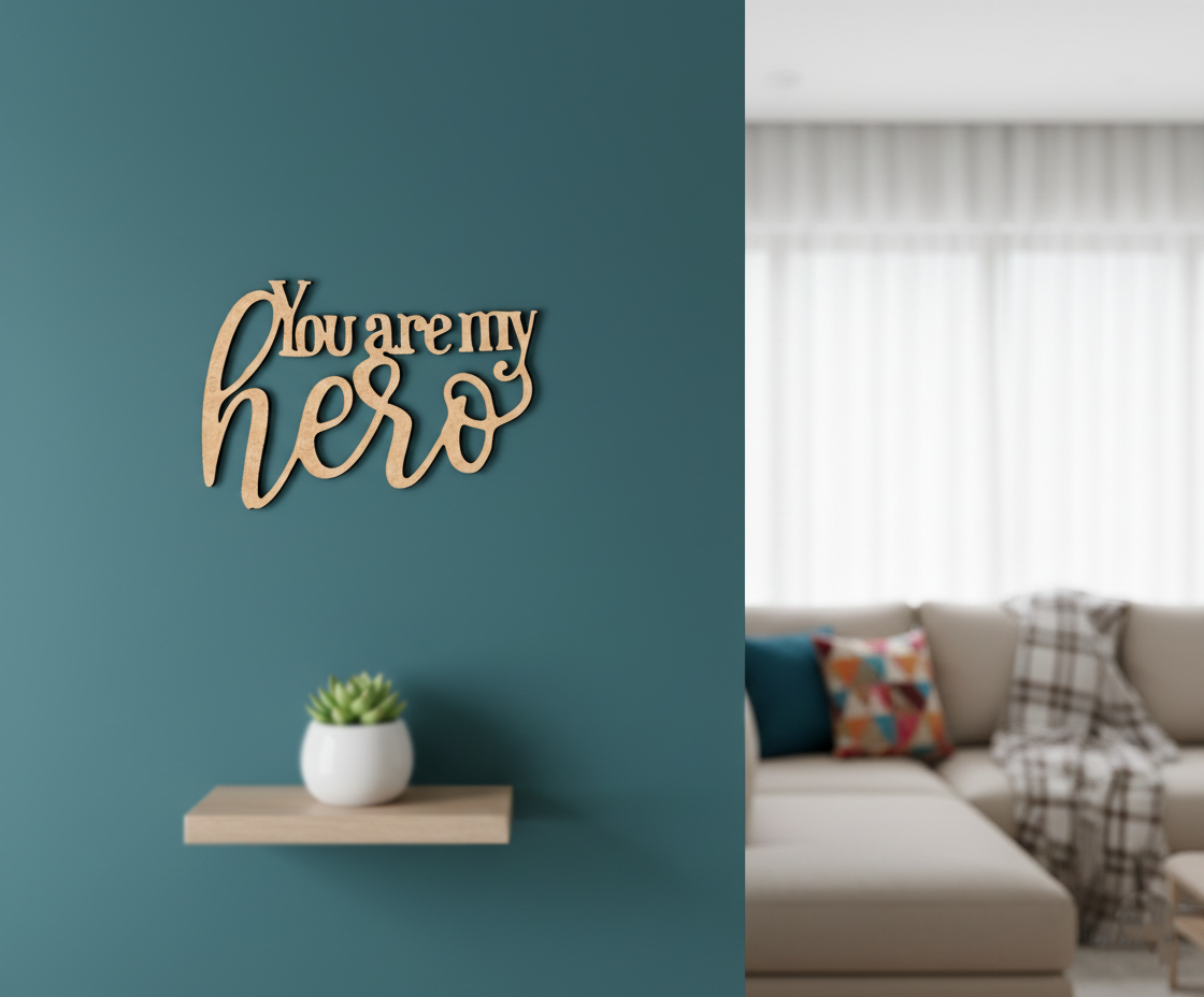 Unpainted MDF You Are My Hero quote DIY cutout for wall decor and craft projects, mounted on wall
