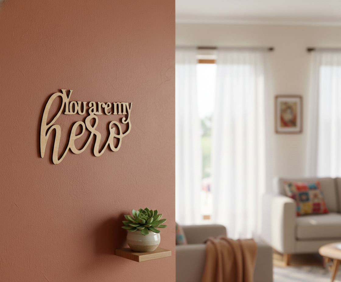 Unpainted MDF You Are My Hero quote DIY cutout for wall decor and craft projects, mounted on wall