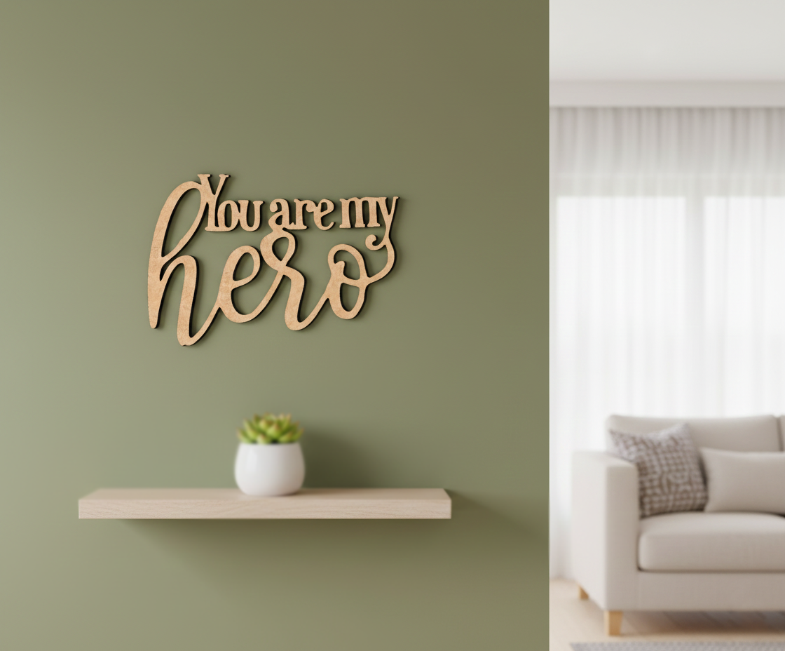 Unpainted MDF You Are My Hero quote DIY cutout for wall decor and craft projects, mounted on wall