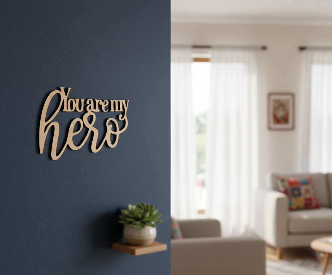 Unpainted MDF You Are My Hero quote DIY cutout for wall decor and craft projects, mounted on wall