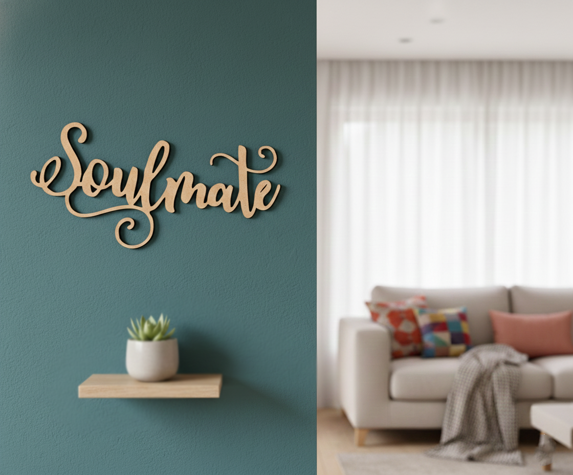 Unpainted MDF Soulmate quote DIY cutout for wall decor and craft projects, mounted on wall