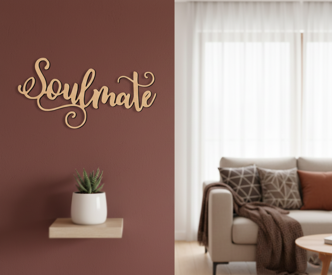 Unpainted MDF Soulmate quote DIY cutout for wall decor and craft projects, mounted on wall