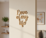 Unpainted MDF Love Of My Life quote DIY cutout for wall decor and craft projects, mounted on wall