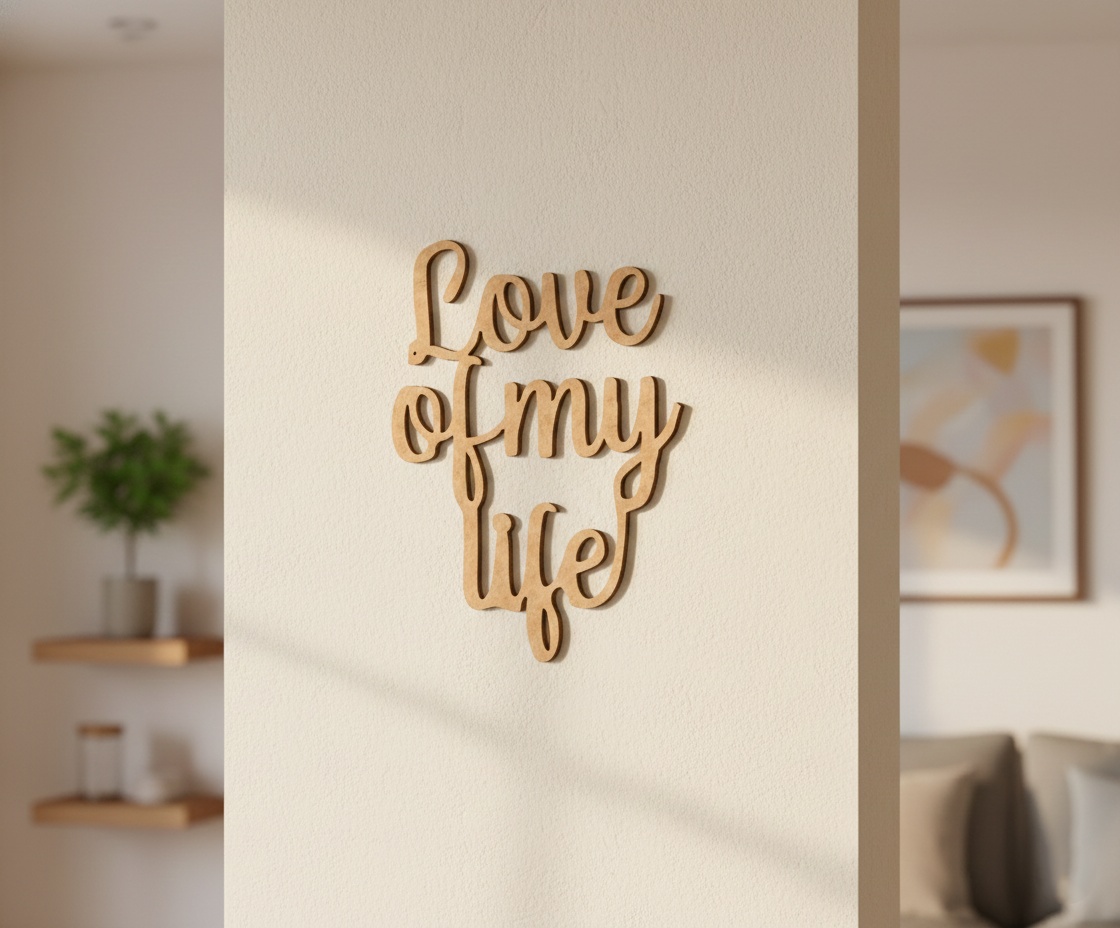 Unpainted MDF Love Of My Life quote DIY cutout for wall decor and craft projects, mounted on wall