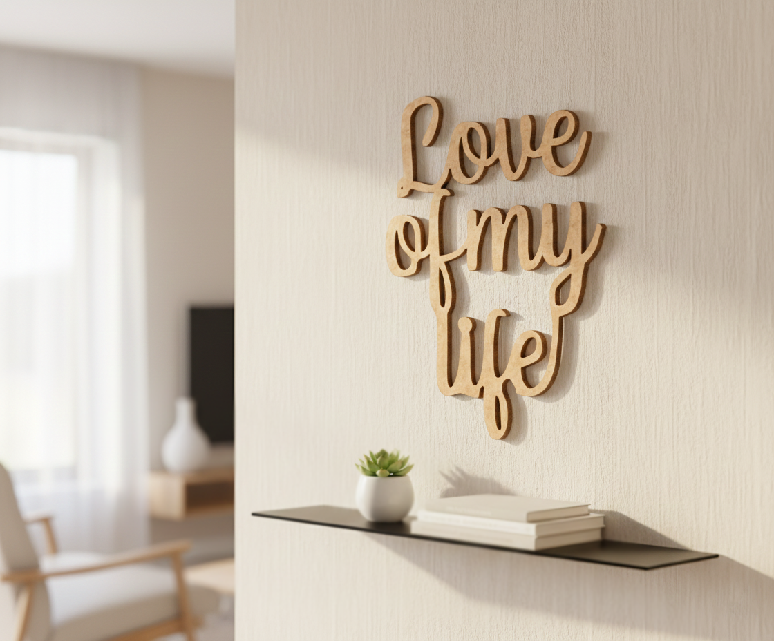 Unpainted MDF Love Of My Life quote DIY cutout for wall decor and craft projects, mounted on wall