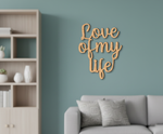Unpainted MDF Love Of My Life quote DIY cutout for wall decor and craft projects, mounted on wall