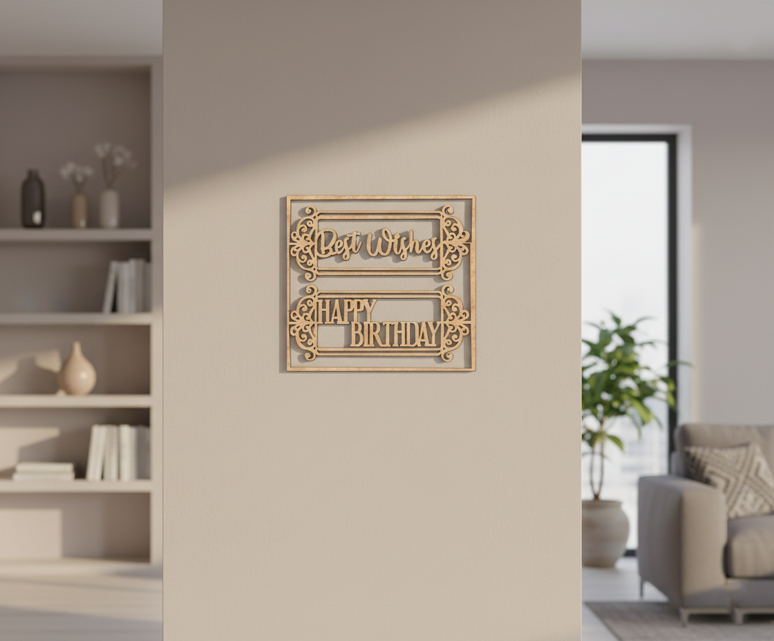 Unpainted MDF Best Wishes Happy Birthday framed DIY cutout for party decor and crafts, mounted on wall