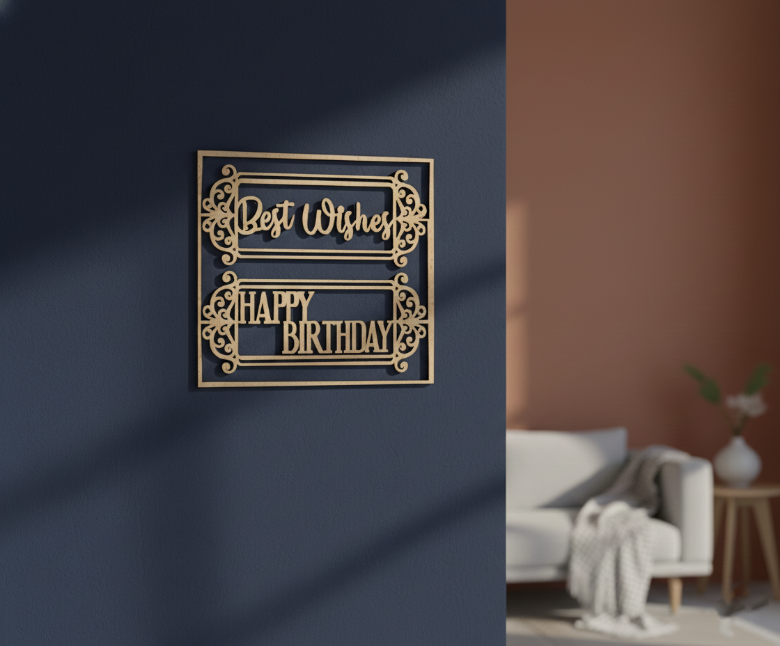Unpainted MDF Best Wishes Happy Birthday framed DIY cutout for party decor and crafts, mounted on wall