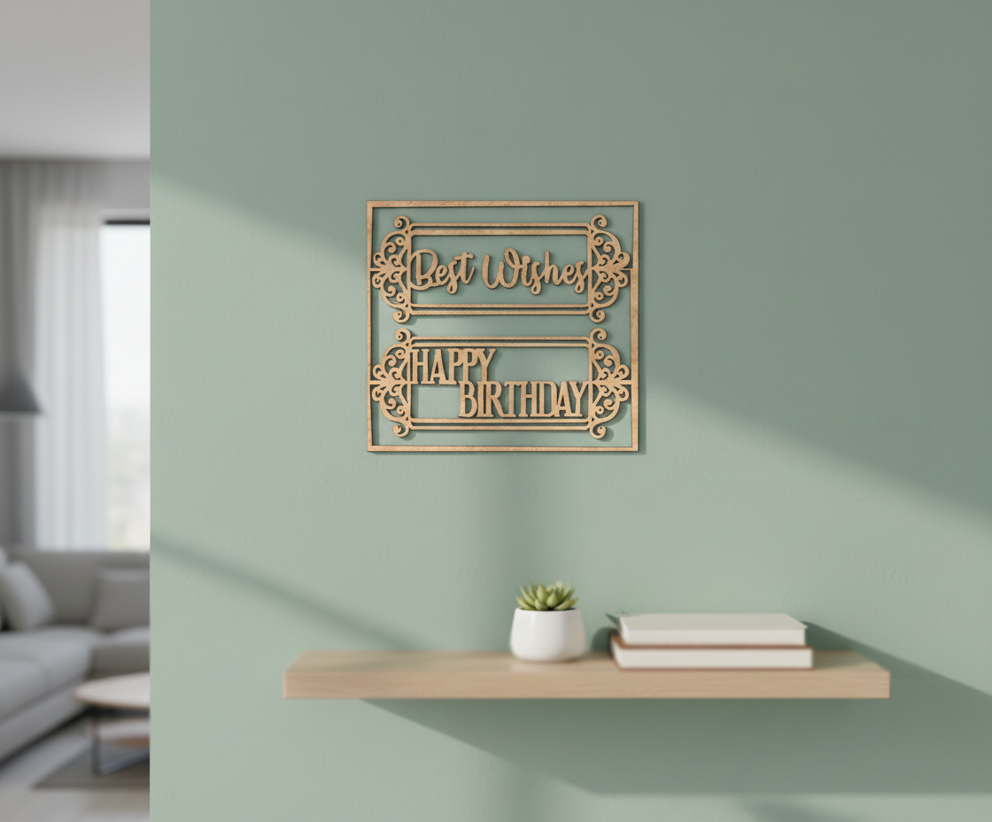 Unpainted MDF Best Wishes Happy Birthday framed DIY cutout for party decor and crafts, mounted on wall