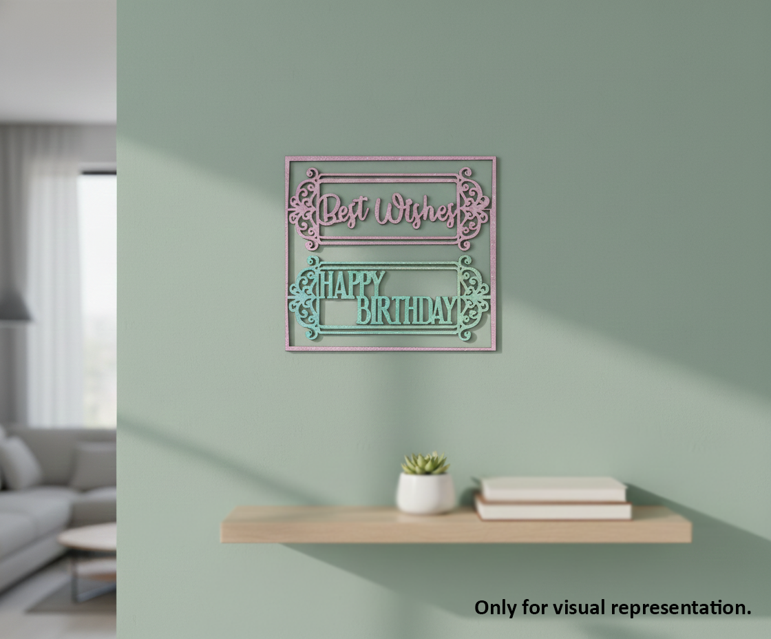 Painted MDF Best Wishes Happy Birthday framed DIY cutout for party decor and crafts, mounted on wall