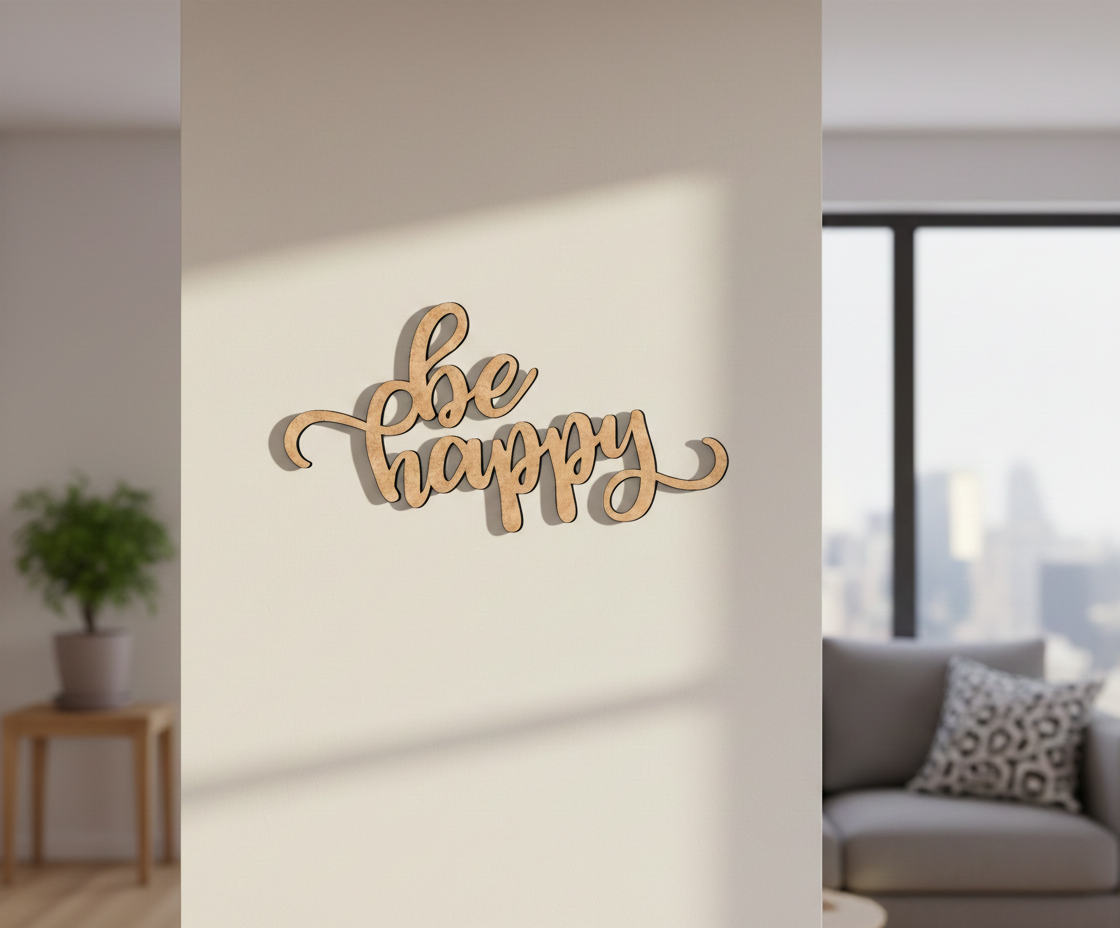 Unpainted MDF Be Happy quote DIY cutout for wall decor and craft projects, mounted on wall