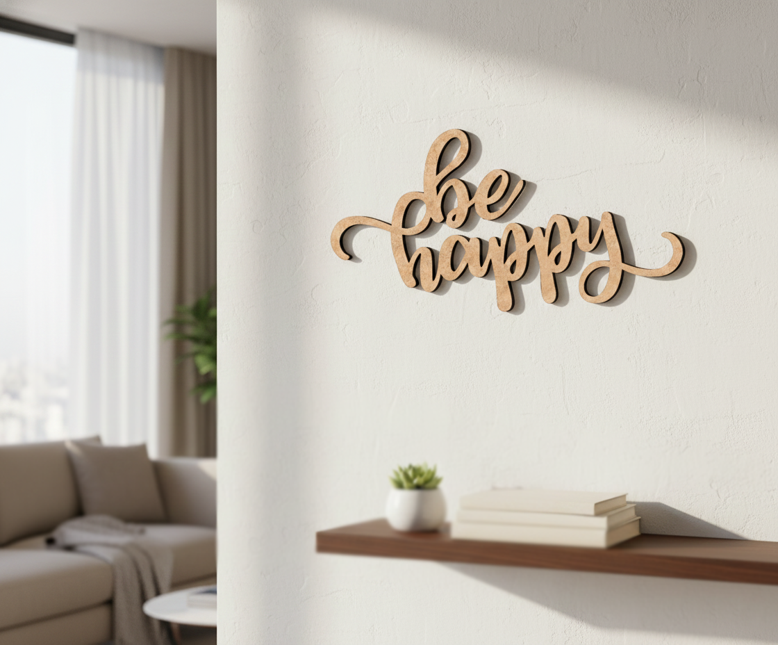 Unpainted MDF Be Happy quote DIY cutout for wall decor and craft projects, mounted on wall