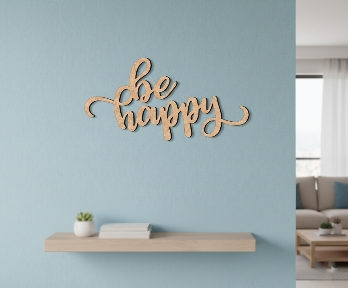Unpainted MDF Be Happy quote DIY cutout for wall decor and craft projects, mounted on wall