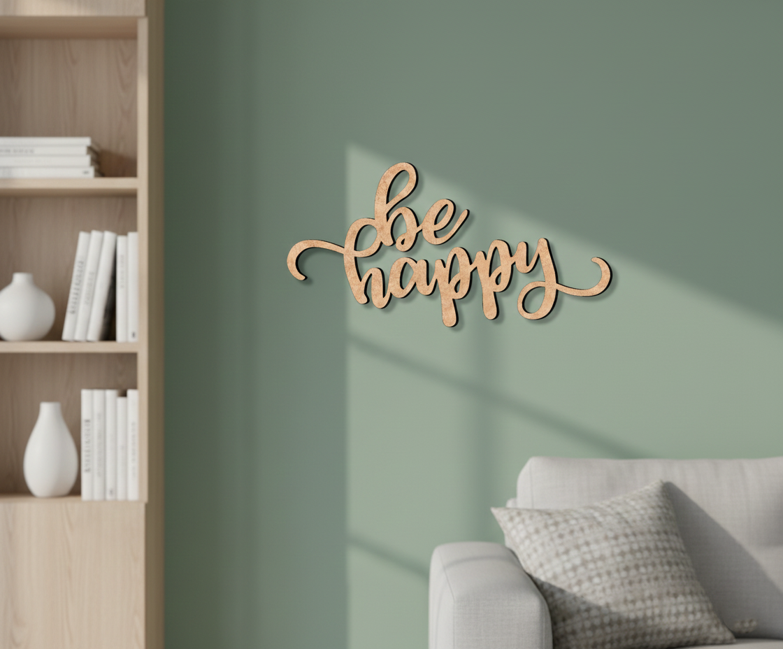 Unpainted MDF Be Happy quote DIY cutout for wall decor and craft projects, mounted on wall