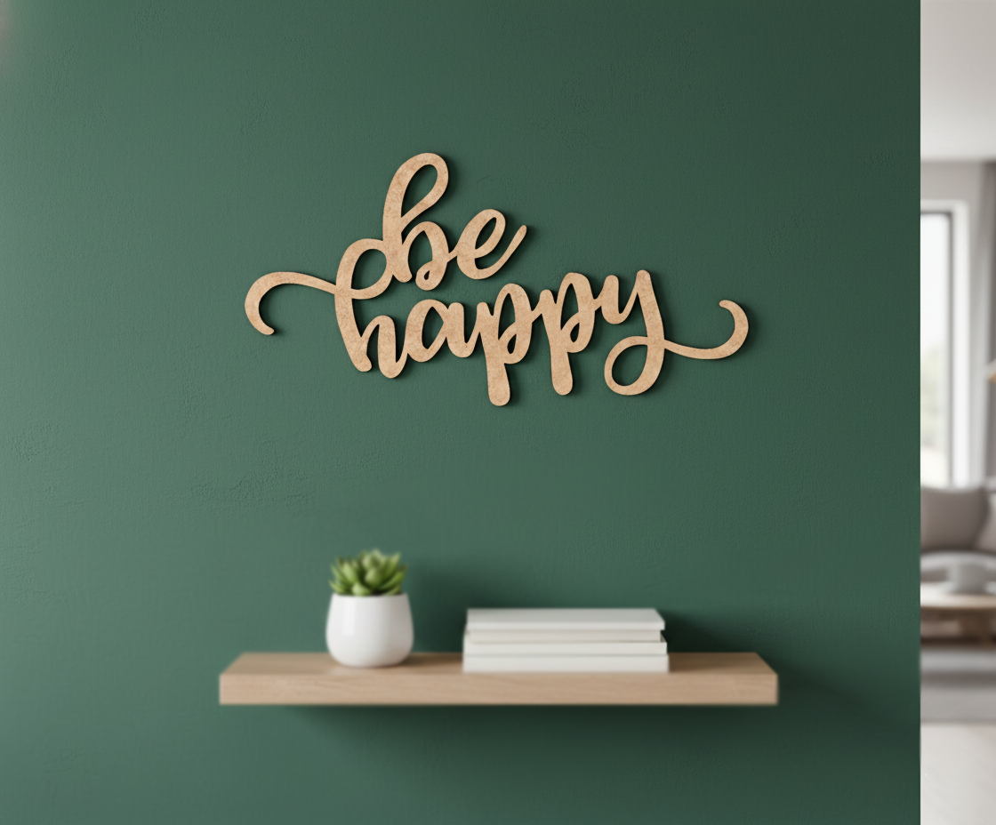 Unpainted MDF Be Happy quote DIY cutout for wall decor and craft projects, mounted on wall