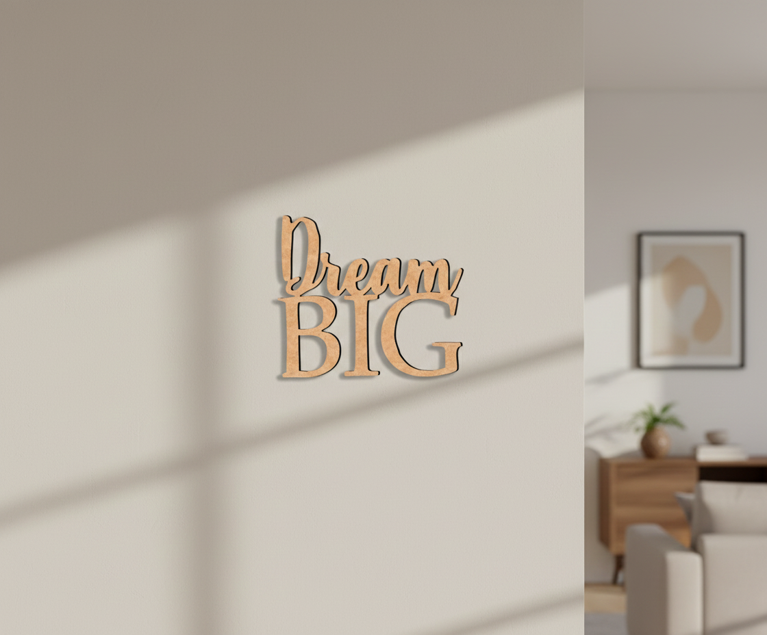 Unpainted MDF Dream Big quote DIY cutout for wall decor and craft projects, mounted on wall